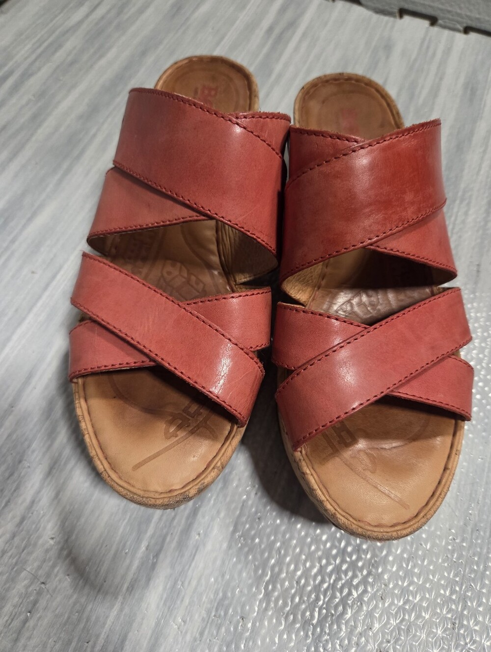 Born Marjorie Cork & Leather Wedge Slip-On Open Toe Sandals Coral Pink Size 7 - Picture 3 of 9